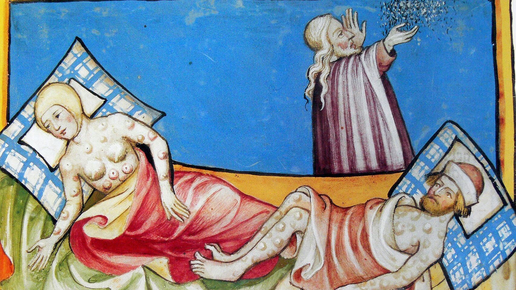 Ilustración de la Peste en la Biblia de Toggenburg (1411)