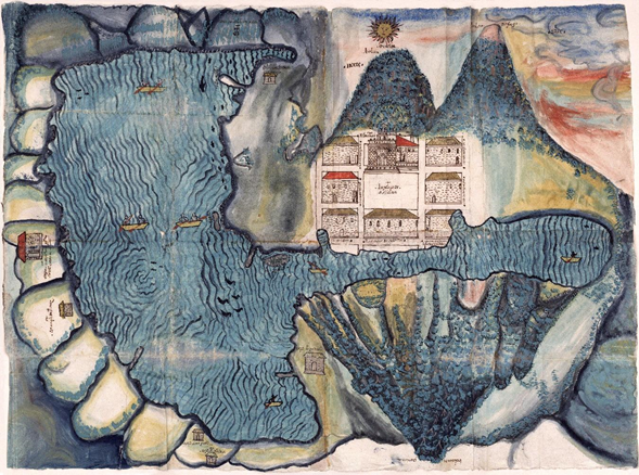 Mapa que ilustra la Relación Geográfica de Atitlán en Guatemala. Producido en 1585. 