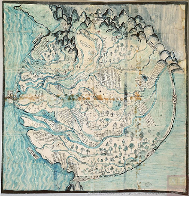 Mapa de 1579 que representa la provincia de Tabasco, elaborado por Melchor de Alfaro Santa Cruz para acompañar la Relación Geográfica de dicha provincia. 