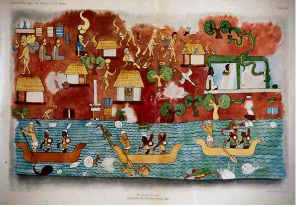 Pintura mural que representa una zona costera y poblados en la Península de Yucatán. Ubicada en el Templo de los Guerreros, en Chichén Itzá. 