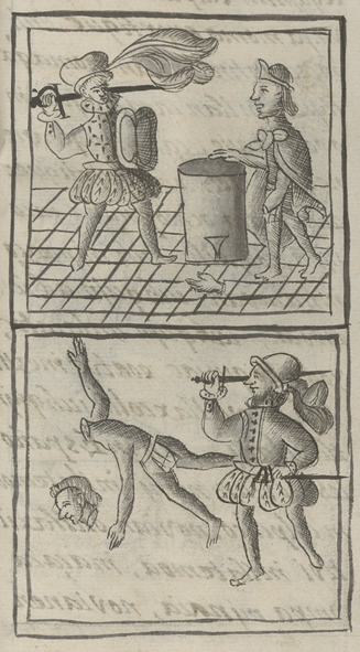 Fig. 2: La matanza de Toxcatl, los conquistadores atacan a los músicos.  Códice Florentino. Ms. Medicea Palatino 220, 1577, Libro 12, f. 33. detalle. Biblioteca Medicea Laurenziana, Florencia.