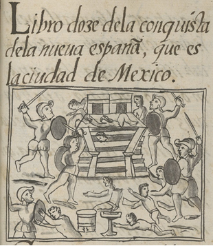 Fig.1: La matanza de Toxcatl, el inicio de la guerra con los conquistadores.  Códice Florentino. Ms. Medicea Palatino 220, 1577, Libro 12, f. 1. detalle. Biblioteca Medicea Laurenziana, Florencia.