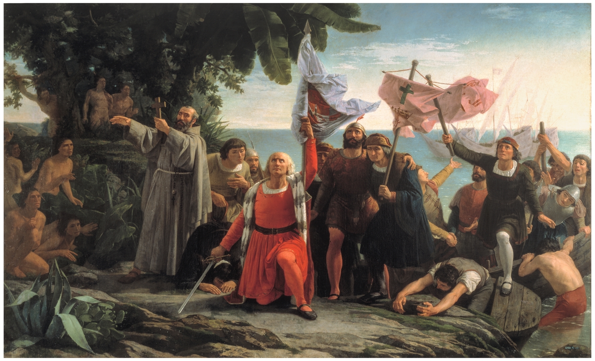 Primer desembarco de Cristóbal Colón en América, Dióscoro Teófilo Puebla y Tolín (1862), Óleo sobre lienzo.