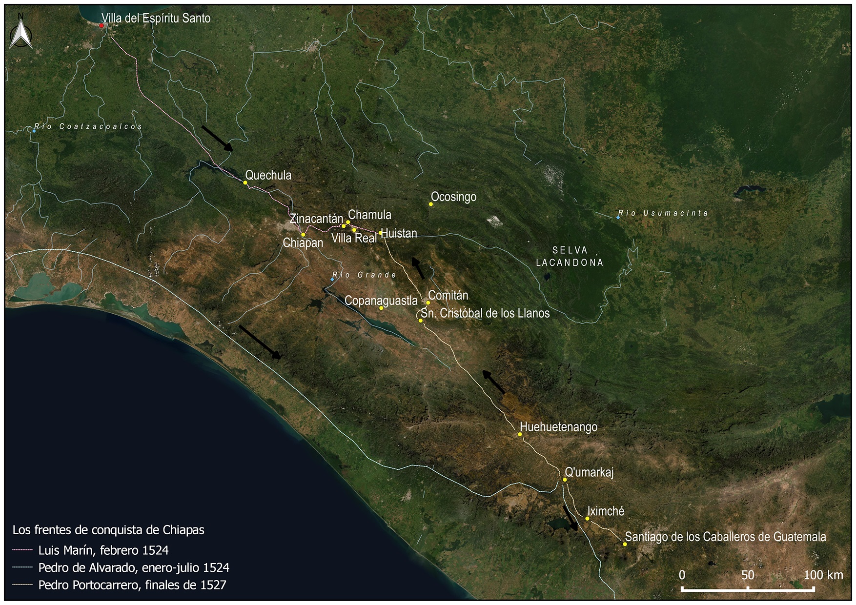 ( Marie AF) Mapa: Los frentes de conquista en Chiapas