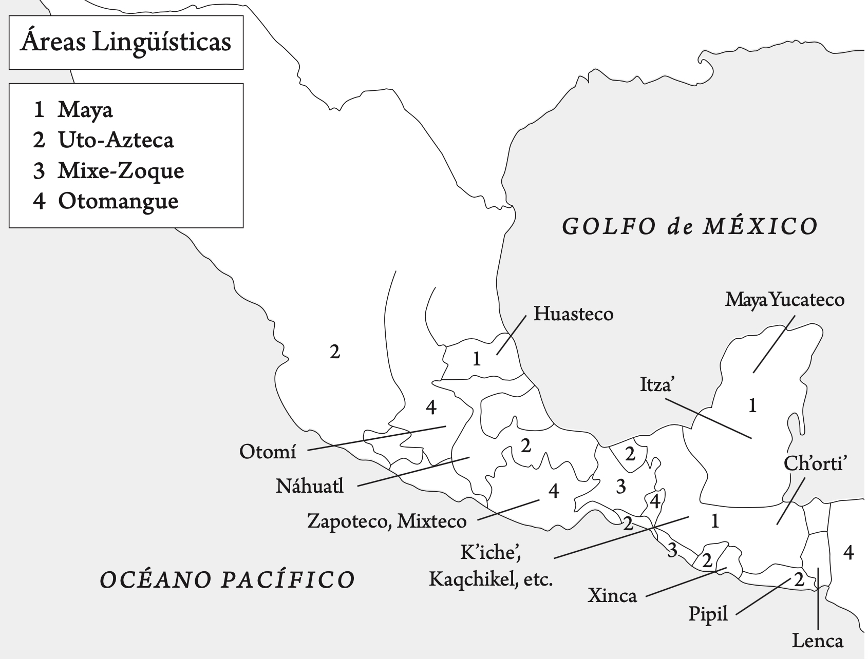 Mapa de áreas lingüísticas mesoamericanas