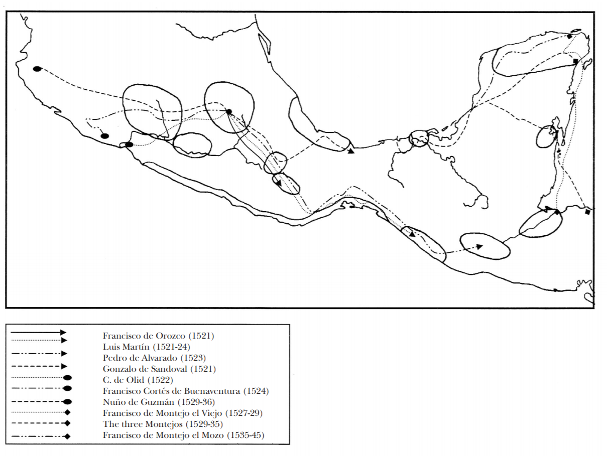 La correlación entre las rutas comerciales prehispánicas y las rutas de las expediciones de conquista.