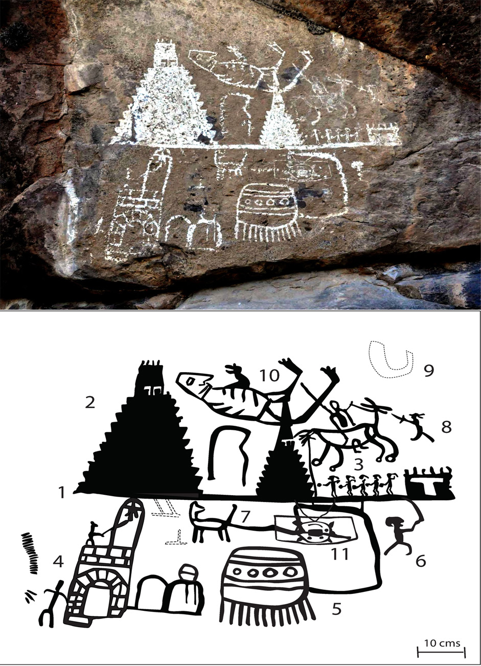 Sitio “El Tendido”, Huichapan, Hidalgo. Foto y dibujo: Proyecto La mazorca y el niño Dios. El arte otomí: continuidad histórica y riqueza viva del Mezquital, UNAM-IIE.