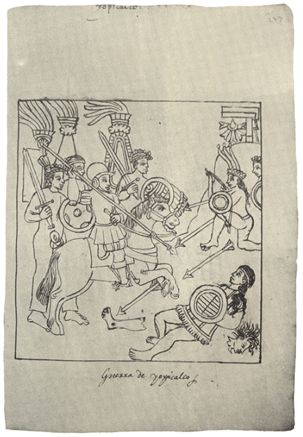 Guerra de Yopicalco. Guerreros tlaxcaltecas con espadas, Descripción de la ciudad y provincia de Tlaxcala.