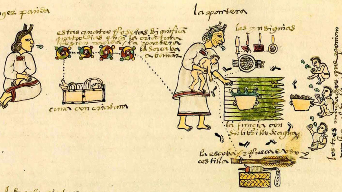 Nacimiento de un bebé, Códice Mendoza, Fol. 57.