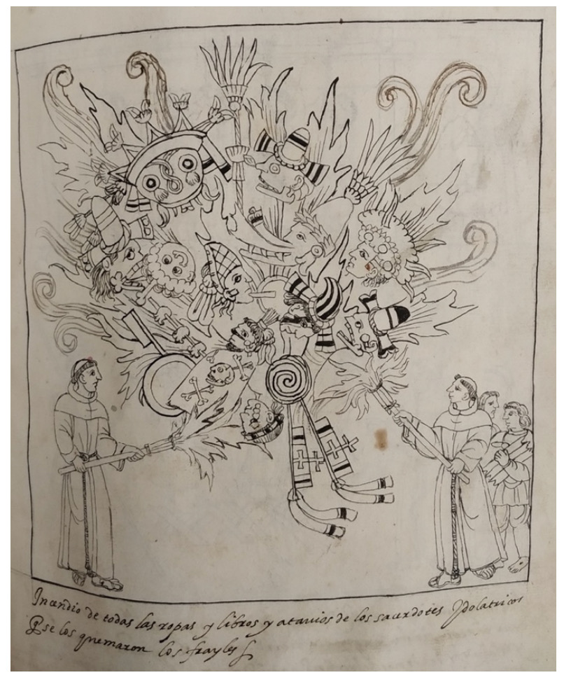 Figura 3. “Incendio de todas las ropas y libros y atavios de los sacerdotes idolatricos que se los quemaron los frailes”. Documento de Glasgow 1580. 