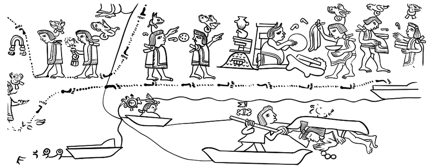 Detalle de la lámina 8 del códice Xolotl donde se observa en la esquina inferior derecha una confrontación en agua. Dibujo de Aban Flores Morán basado en facsímil (1996). 
