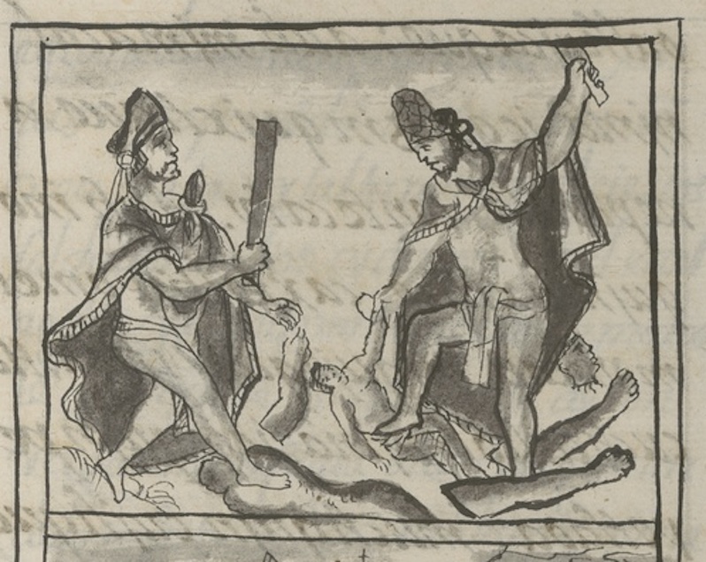 C. Florentino, Libro 12, fol.64r: Cuauhtemoc y Mayehuatzin sacrificando a los chinampanecas.