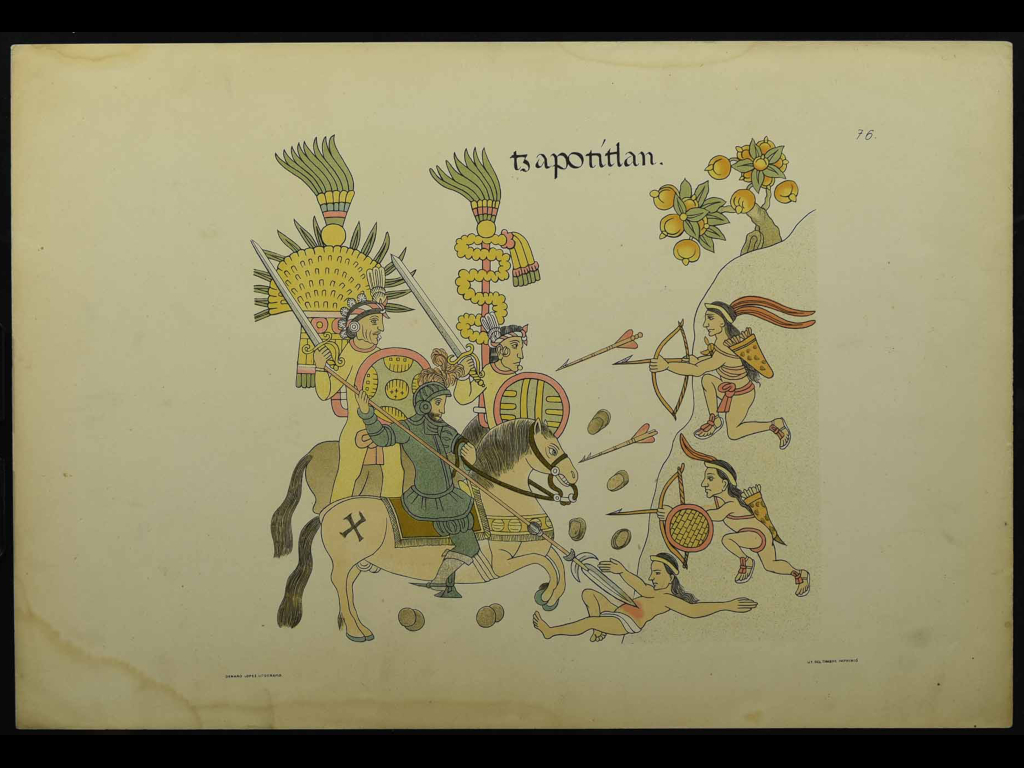 ámina 76 del Lienzo de Tlaxcala (copia Genaro López y Alfredo Chavero), conquista de Zapotitlán (actual Guatemala) por los tlaxcaltecas. 