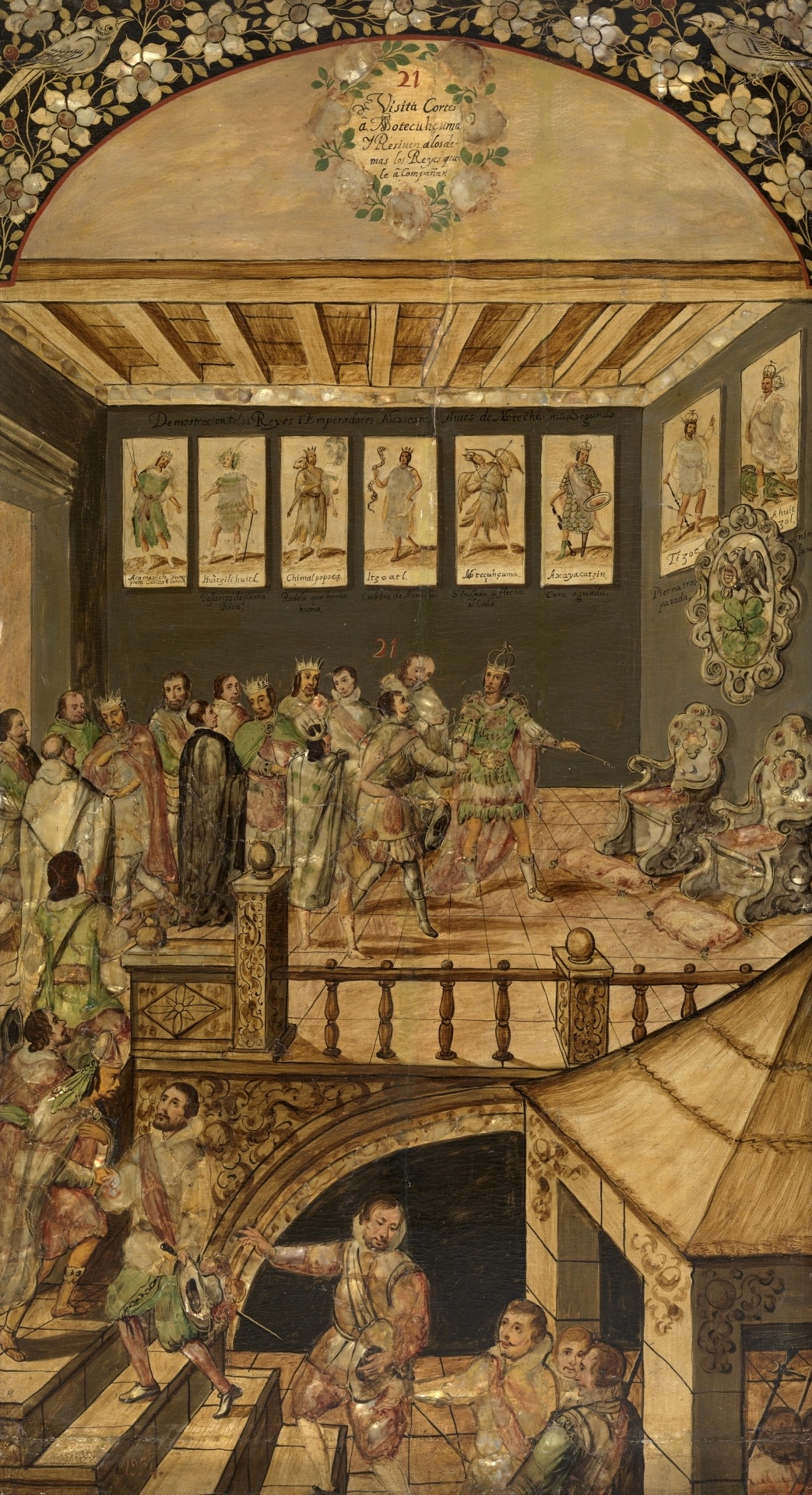 2.	Juan y Miguel González, detalle del interior del palacio de Moctezuma, tabla 21 de la serie de tablas embutidas con concha nácar, Museo de América, Madrid. Foto: ©Museo Nacional del Prado