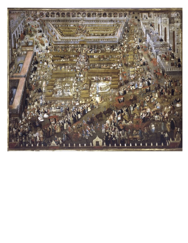 1. Pintura al óleo de J. Antonio Prado La plaza mayor de México, ca.1765, en Enriqueta Quiroz, “Los mercados en la Colonia”, Arqueología Mexicana, Vol. XXI. Núm. 122, julio-agosto de 2013.