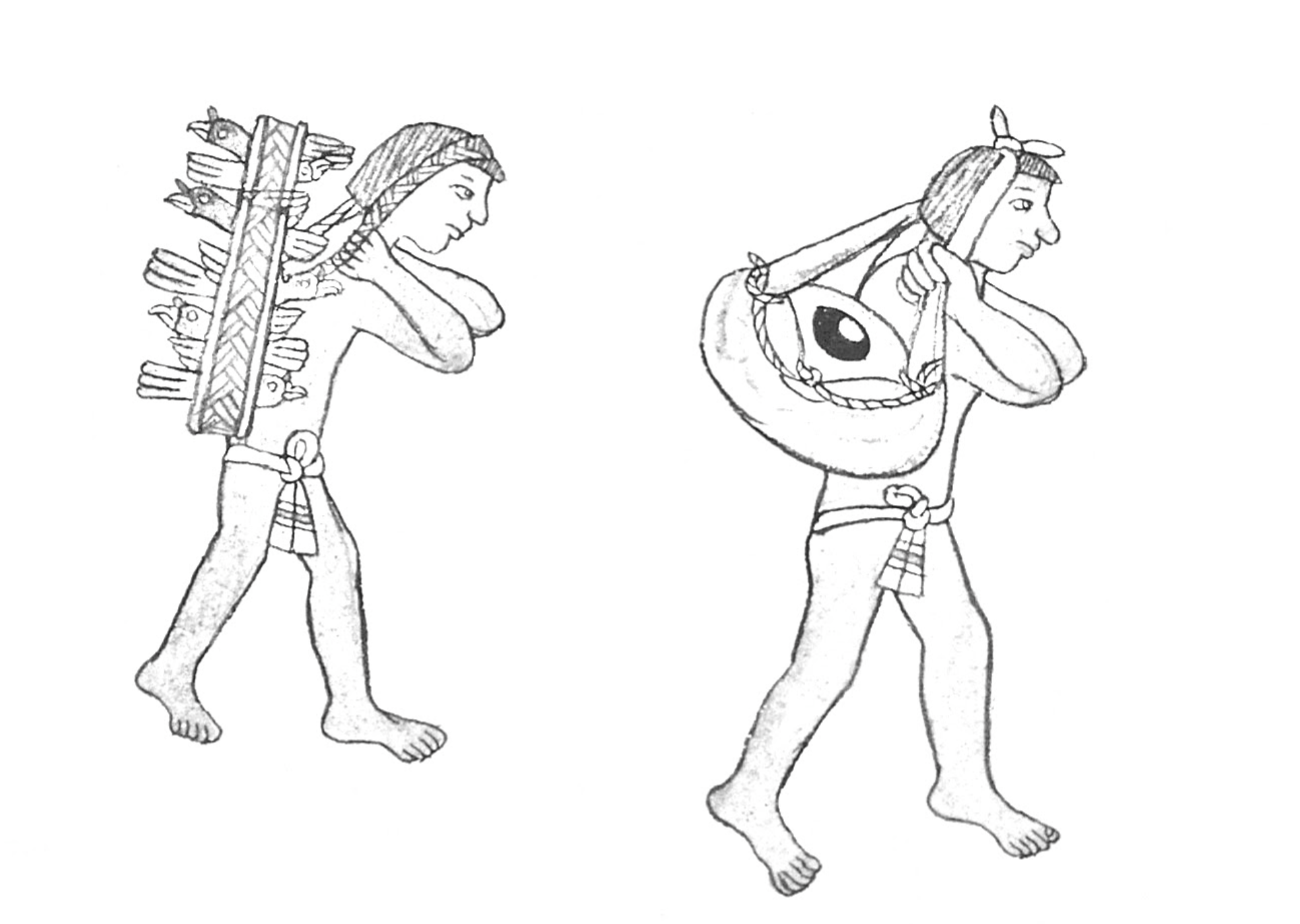 1. Tamemes con cacaxtli y petlacalli, respectivamente. Dibujo elaborado por Iván Rivero Hernández con base en el Códice de Tepetlaoztoc, f. 12-v (detalle).