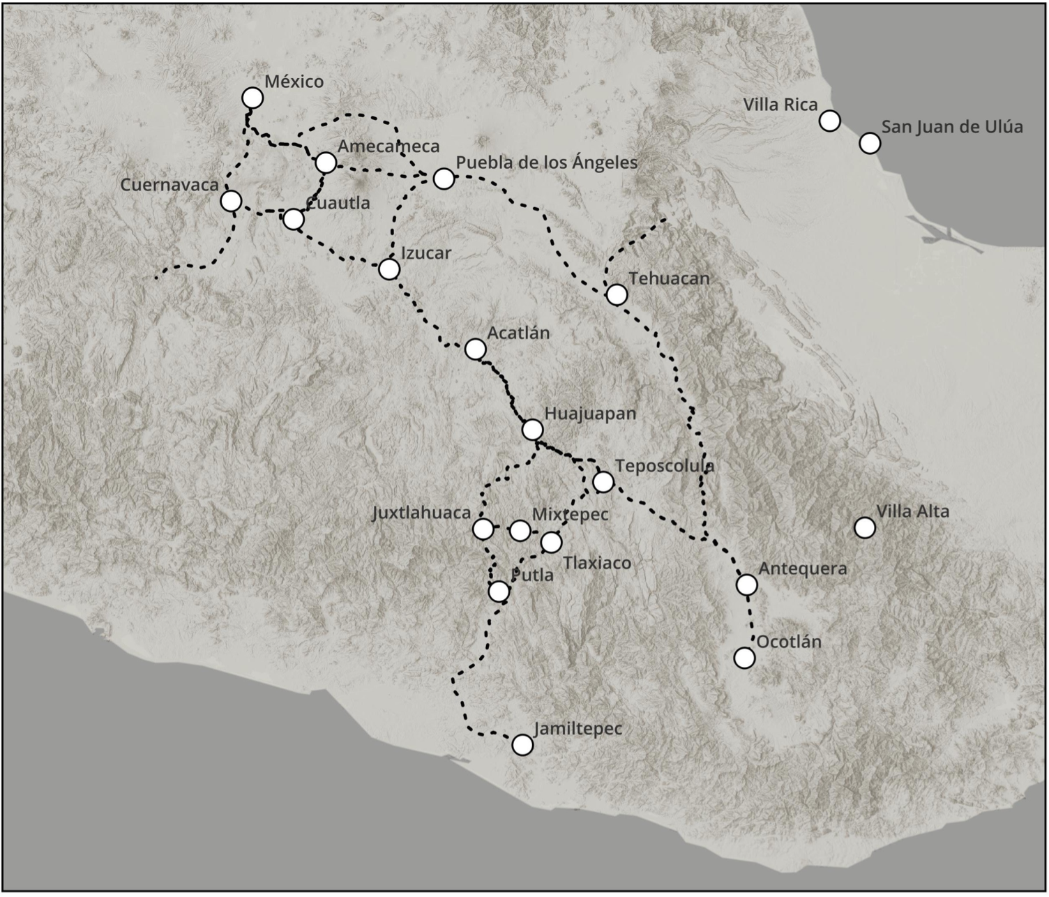 2. Caminos de Oaxaca y la Mixteca hacia México. Mapa elaborado por Iván Rivero Hernández.
