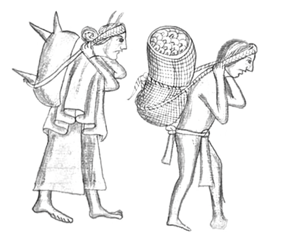 3. Mujer que carga con mecapal un metate y hombre con bulto de maíz. Dibujo elaborado por Iván Rivero Hernández con base en el Códice de Yanhuitlán, Fragmento conservado en la Biblioteca Lafragua de la BUAP, Puebla, f. 1v (detalle). 