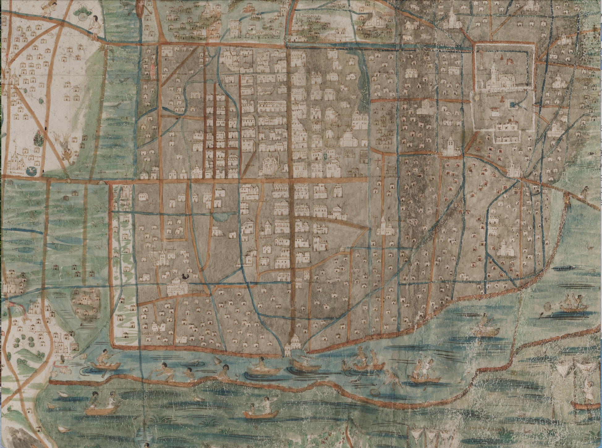 3. Fragmento del Mapa de Upsala, donde se observan los canales que atravesaban la primitiva Ciudad de México, y los restos de las obras hidráulicas de los mexicas, como el llamado albarradón de Ahuízotl