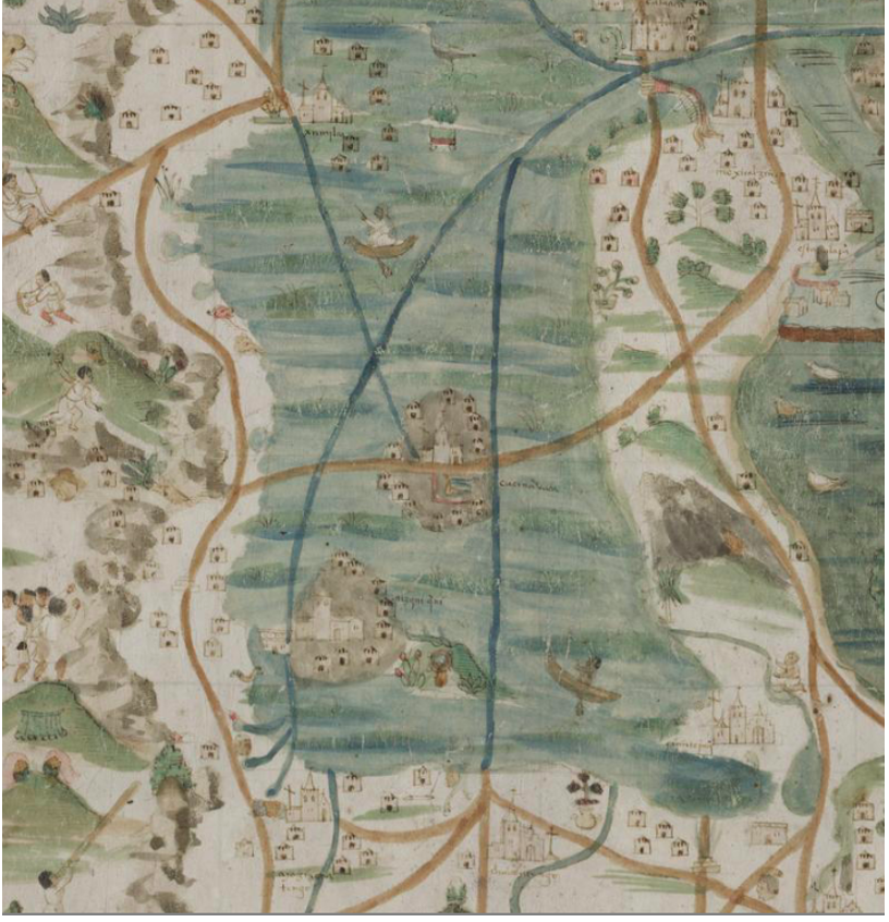 Imagen 1. Caminos tanto lacustres como terrestres de los islotes de Mizquic, Cuitláhuac y los altepeme circunvecinos. Mapa de Upsala (detalle). 1550 ca. 