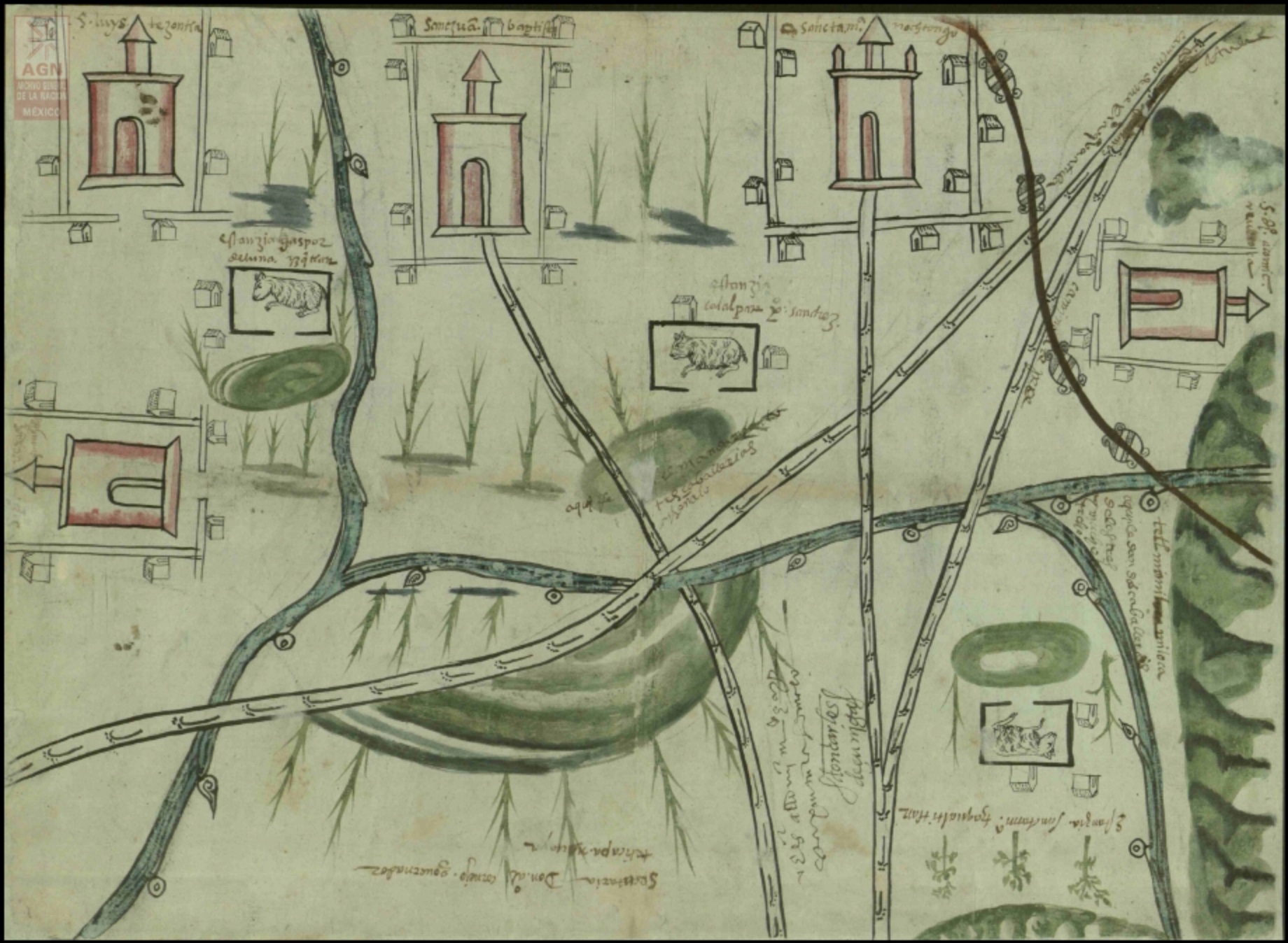 En el mapa San Juan Baptista, San Luys Tezontla y Santa María Nochtongo, Oaxaca, 1579, aparecen señaladas las estancias de ganado menor. AGN, Tierras, vol. 2762, exp. 10, f. 112.